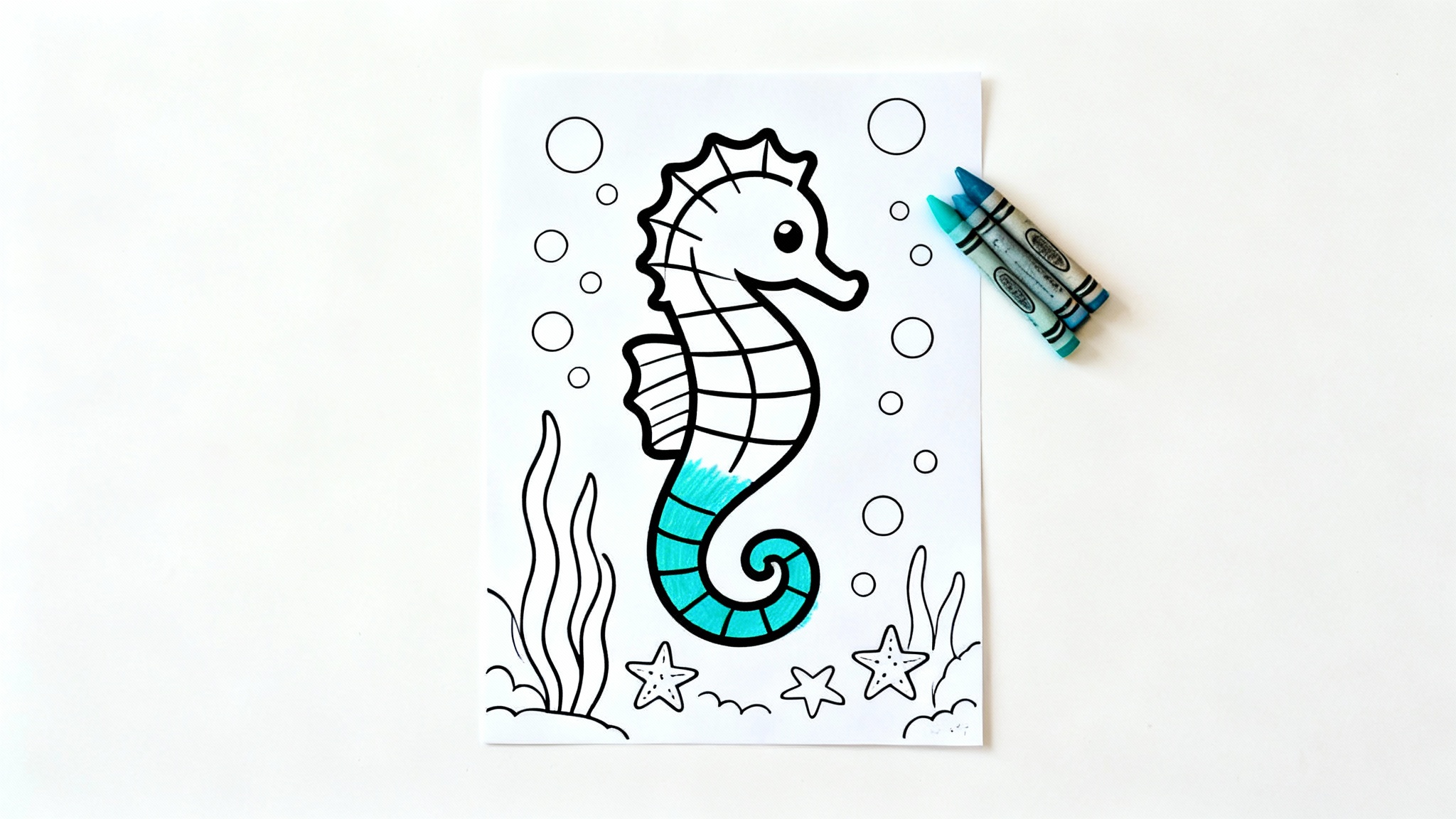 A whimsical seahorse coloring page, partially colored with a teal crayon, lies on a white surface with a few other crayons nearby.