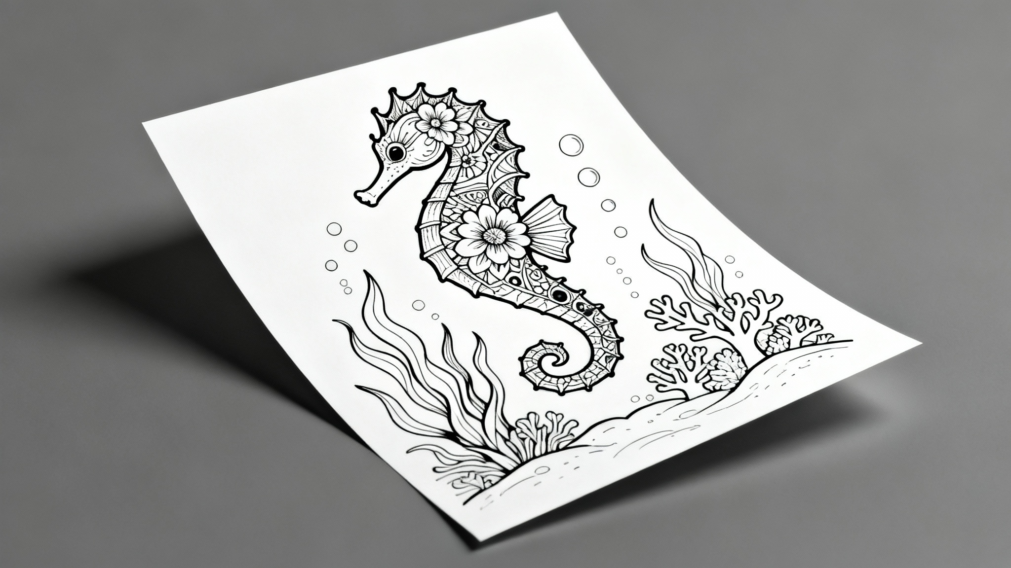 A detailed black and white line art coloring page of a seahorse with intricate patterns, surrounded by coral and seaweed, presented as a mockup on a white background.