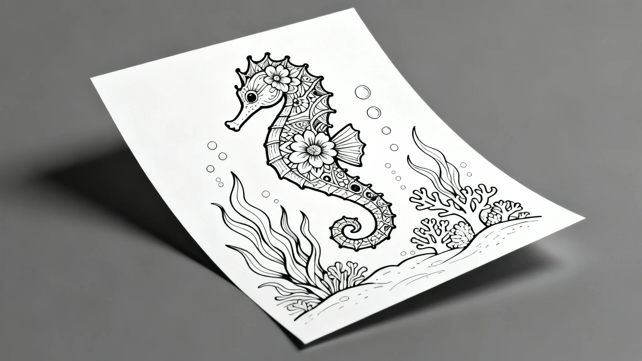A detailed black and white line art coloring page of a seahorse with intricate patterns, surrounded by coral and seaweed, presented as a mockup on a white background.