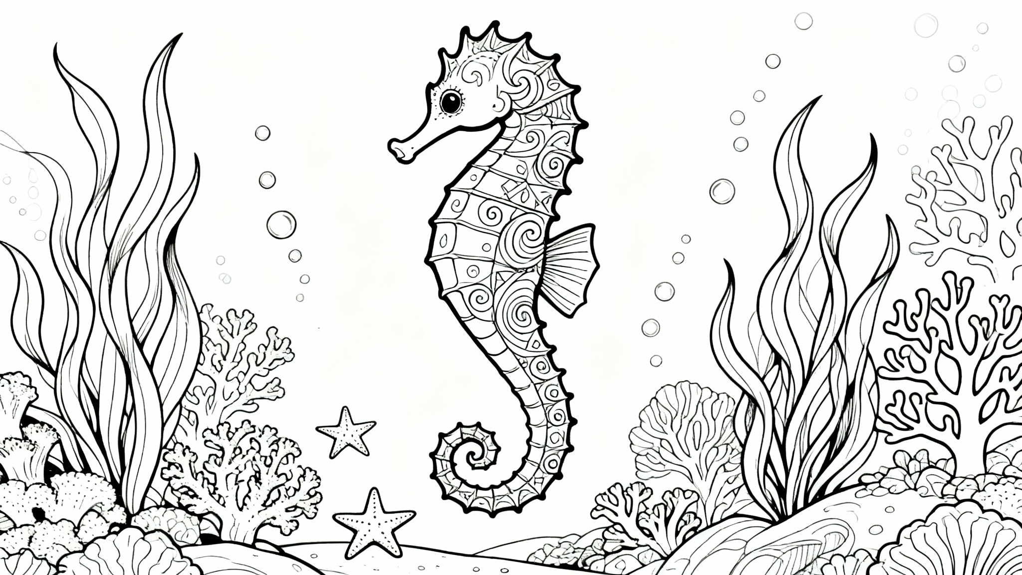A black and white line art illustration of a seahorse designed for a coloring page. The seahorse is decorated with patterns and surrounded by seaweed and bubbles on a plain white background.