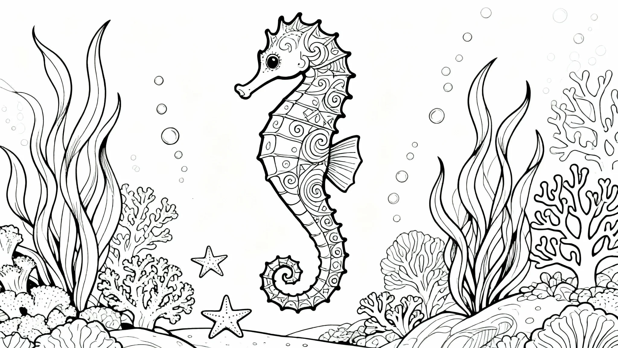 A black and white line art illustration of a seahorse designed for a coloring page. The seahorse is decorated with patterns and surrounded by seaweed and bubbles on a plain white background.