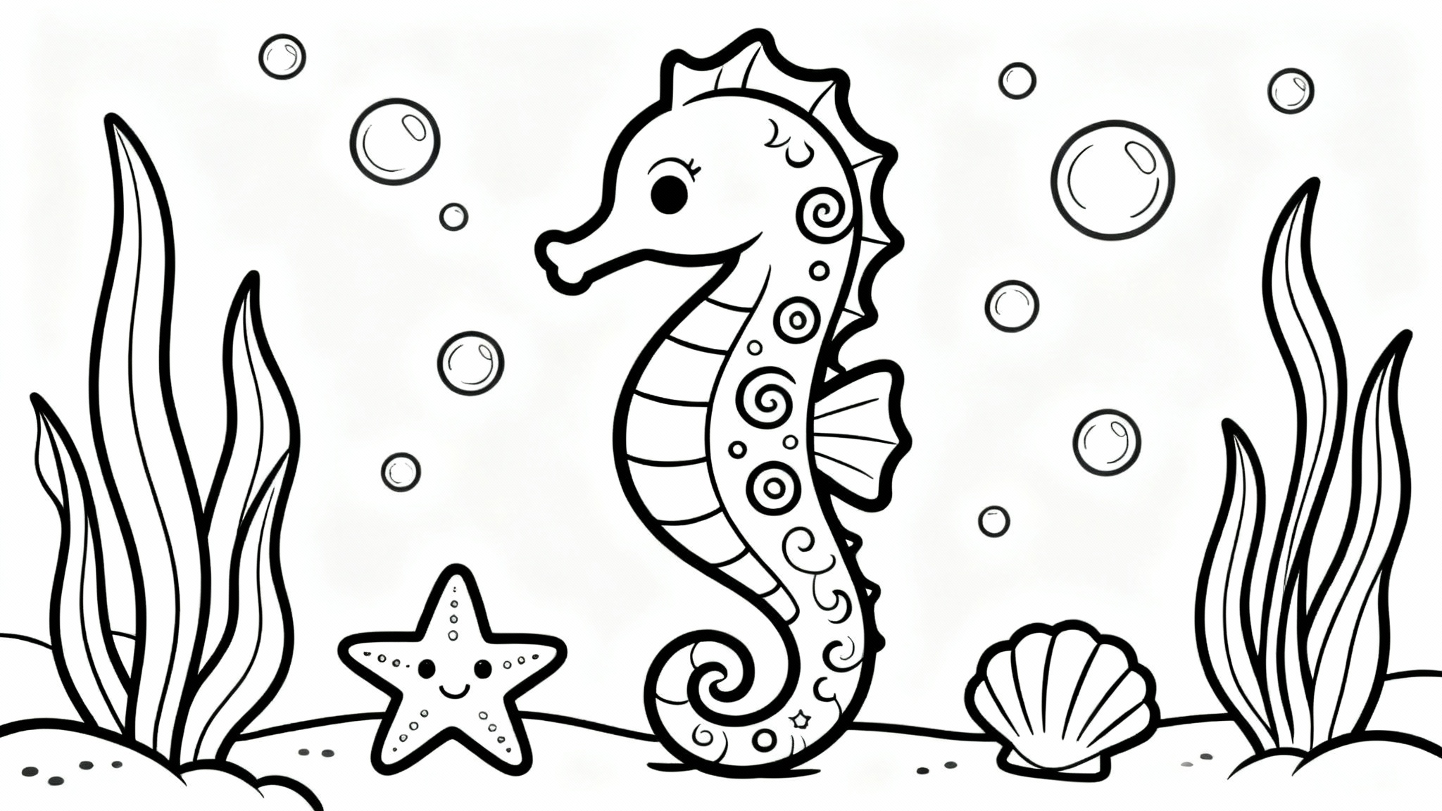 A black and white line art coloring page featuring a large, detailed seahorse surrounded by seaweed, bubbles, and a starfish, ready to be colored in.