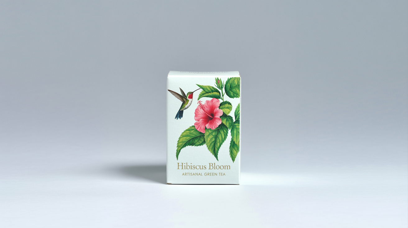 A photorealistic mockup of a premium white tea box on a light gray background, featuring a beautiful watercolor illustration of a hummingbird and a hibiscus flower. The text 'Hibiscus Bloom' and 'Artisanal Green Tea' is printed in elegant gold foil.