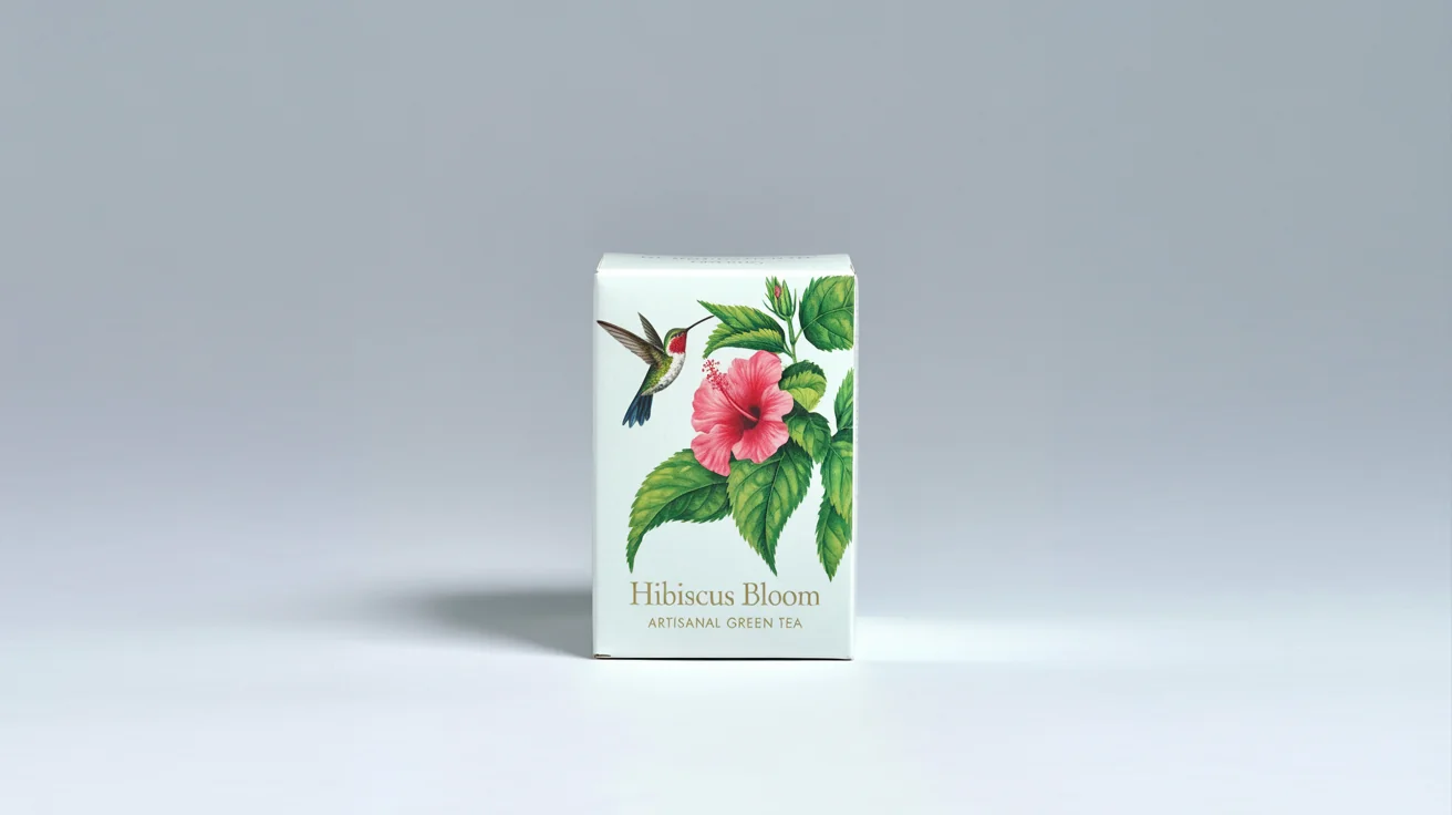 A photorealistic mockup of a premium white tea box on a light gray background, featuring a beautiful watercolor illustration of a hummingbird and a hibiscus flower. The text 'Hibiscus Bloom' and 'Artisanal Green Tea' is printed in elegant gold foil.