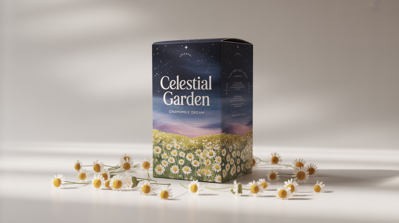 A product mockup of a premium tea box labeled 'Celestial Garden' and 'Chamomile Dream', featuring a watercolor illustration of a chamomile field at night, set against a clean white background.