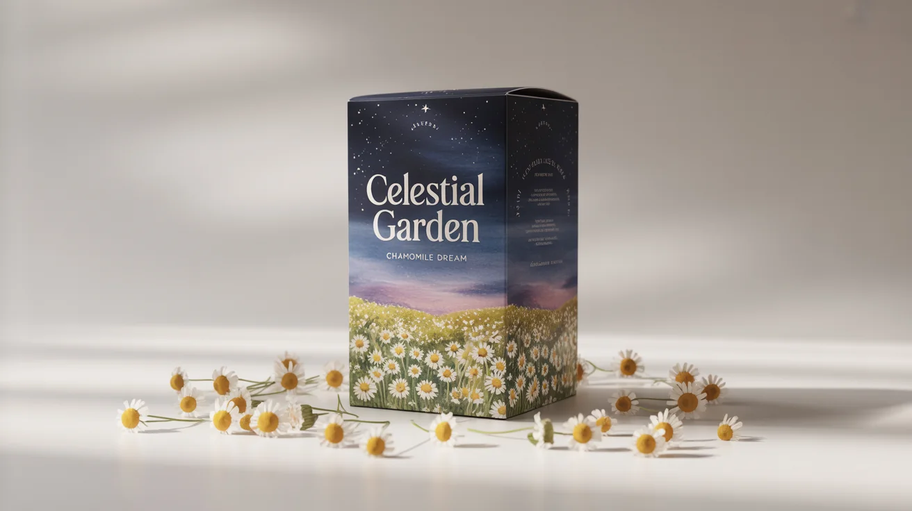 A product mockup of a premium tea box labeled 'Celestial Garden' and 'Chamomile Dream', featuring a watercolor illustration of a chamomile field at night, set against a clean white background.