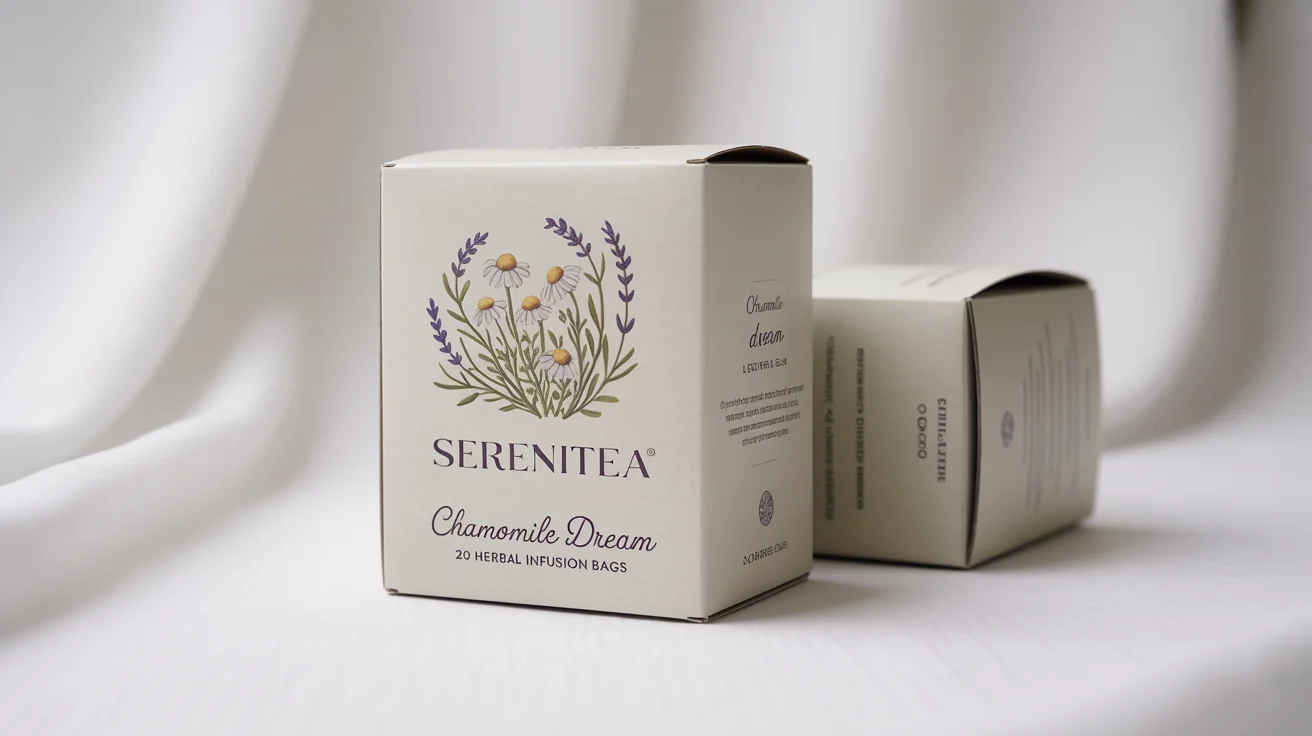 A product mockup of two beautifully designed tea boxes for 'SereniTea' brand's 'Chamomile Dream' flavor, featuring watercolor illustrations of chamomile and lavender on a clean white background.