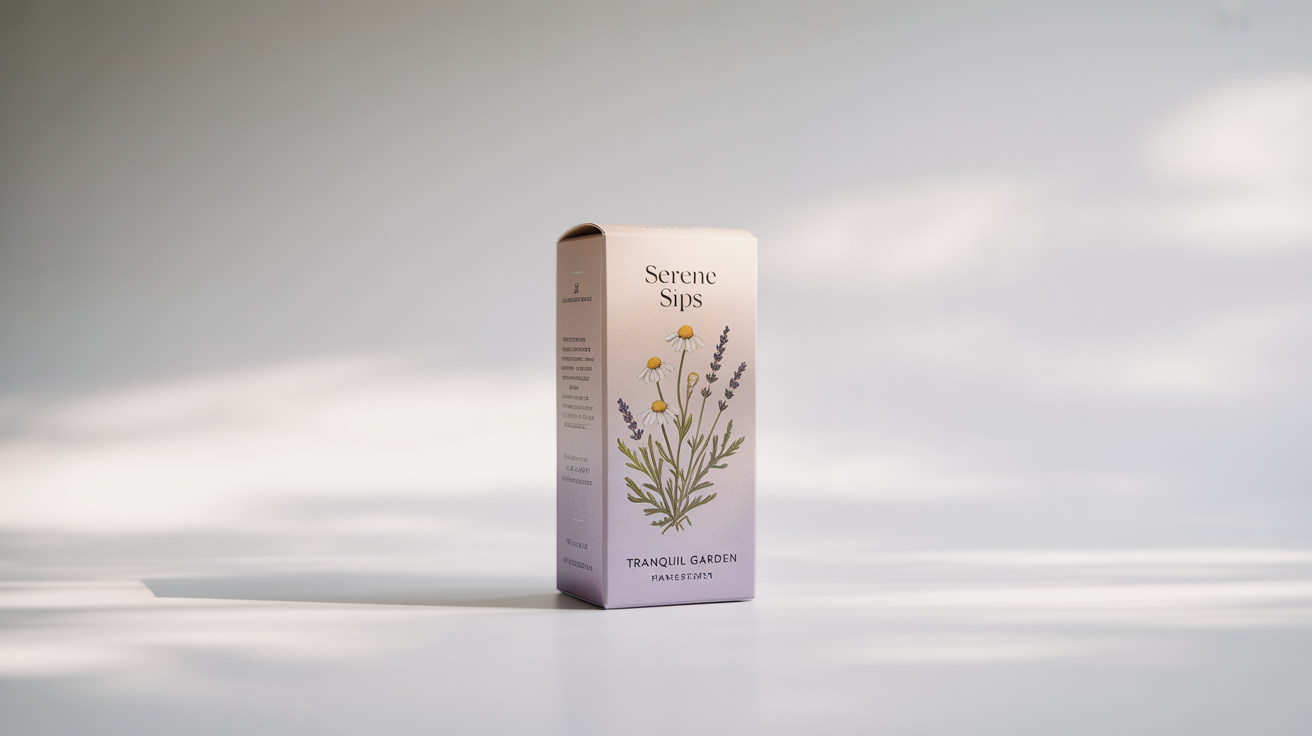 A mockup of an elegant tea box for 'Serene Sips' brand's 'Tranquil Garden' tea, featuring a watercolor illustration of chamomile and lavender on a clean white background.
