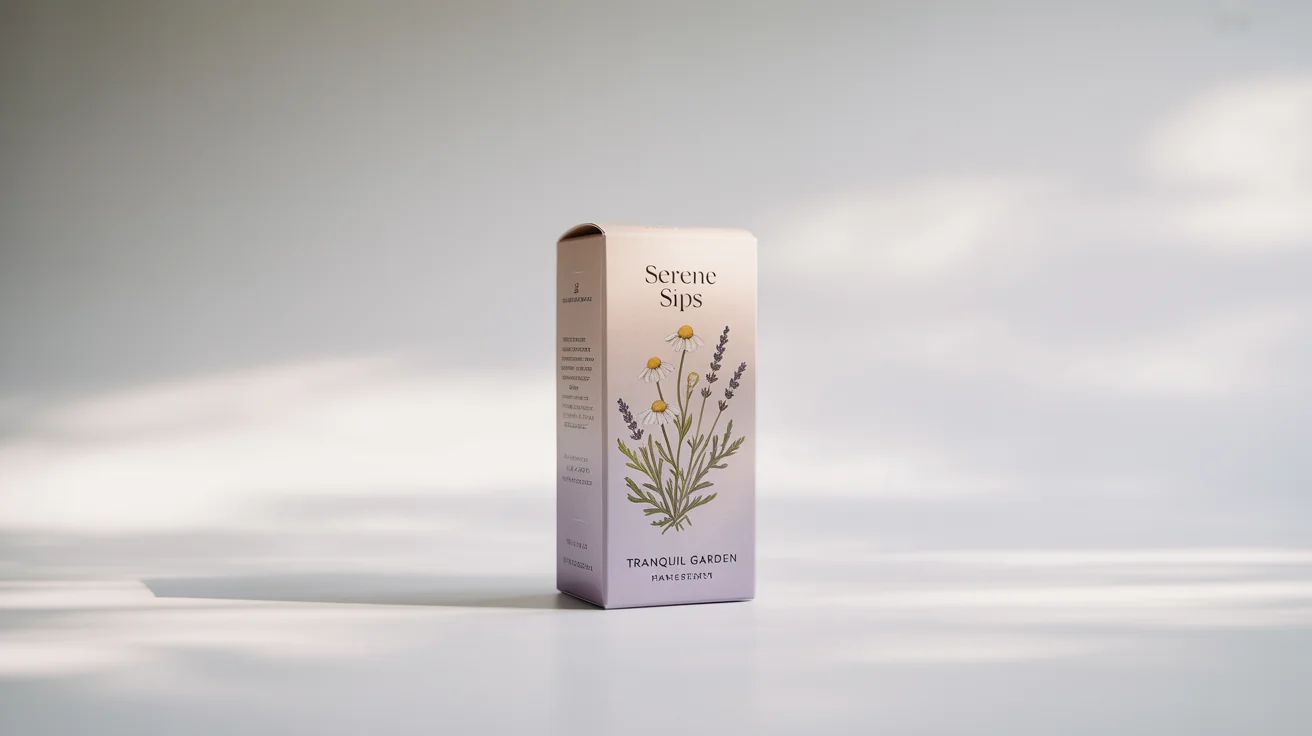 A mockup of an elegant tea box for 'Serene Sips' brand's 'Tranquil Garden' tea, featuring a watercolor illustration of chamomile and lavender on a clean white background.
