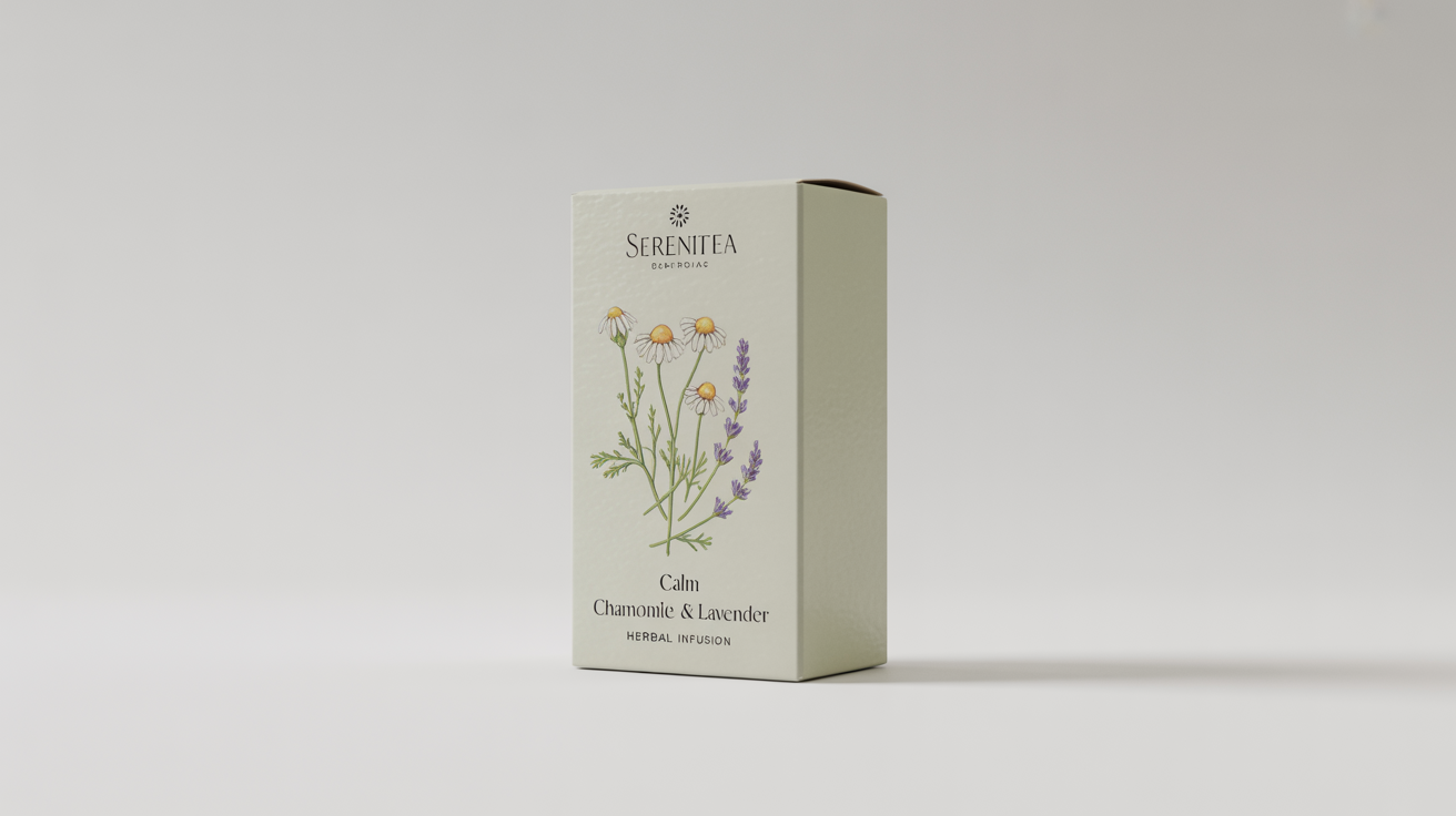 A product mockup of an elegant, off-white tea box with a watercolor illustration of chamomile and lavender. The box reads 'SereniTea' and 'Calm Chamomile & Lavender'.