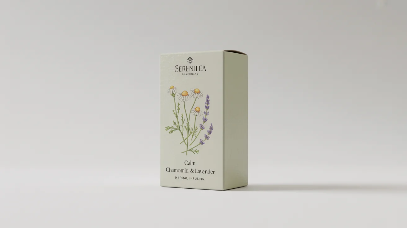 A product mockup of an elegant, off-white tea box with a watercolor illustration of chamomile and lavender. The box reads 'SereniTea' and 'Calm Chamomile & Lavender'.