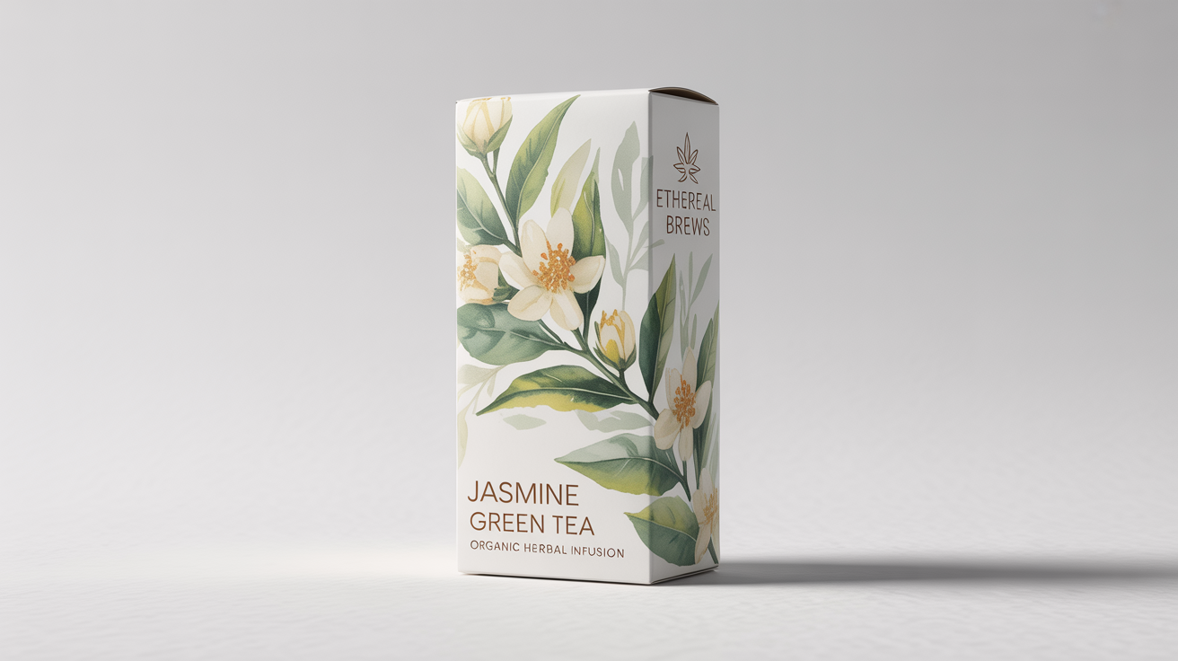 A mockup of a luxurious tea box for 'Ethereal Brews' Jasmine Green Tea, featuring a watercolor illustration of tea leaves and jasmine flowers on a clean white background.