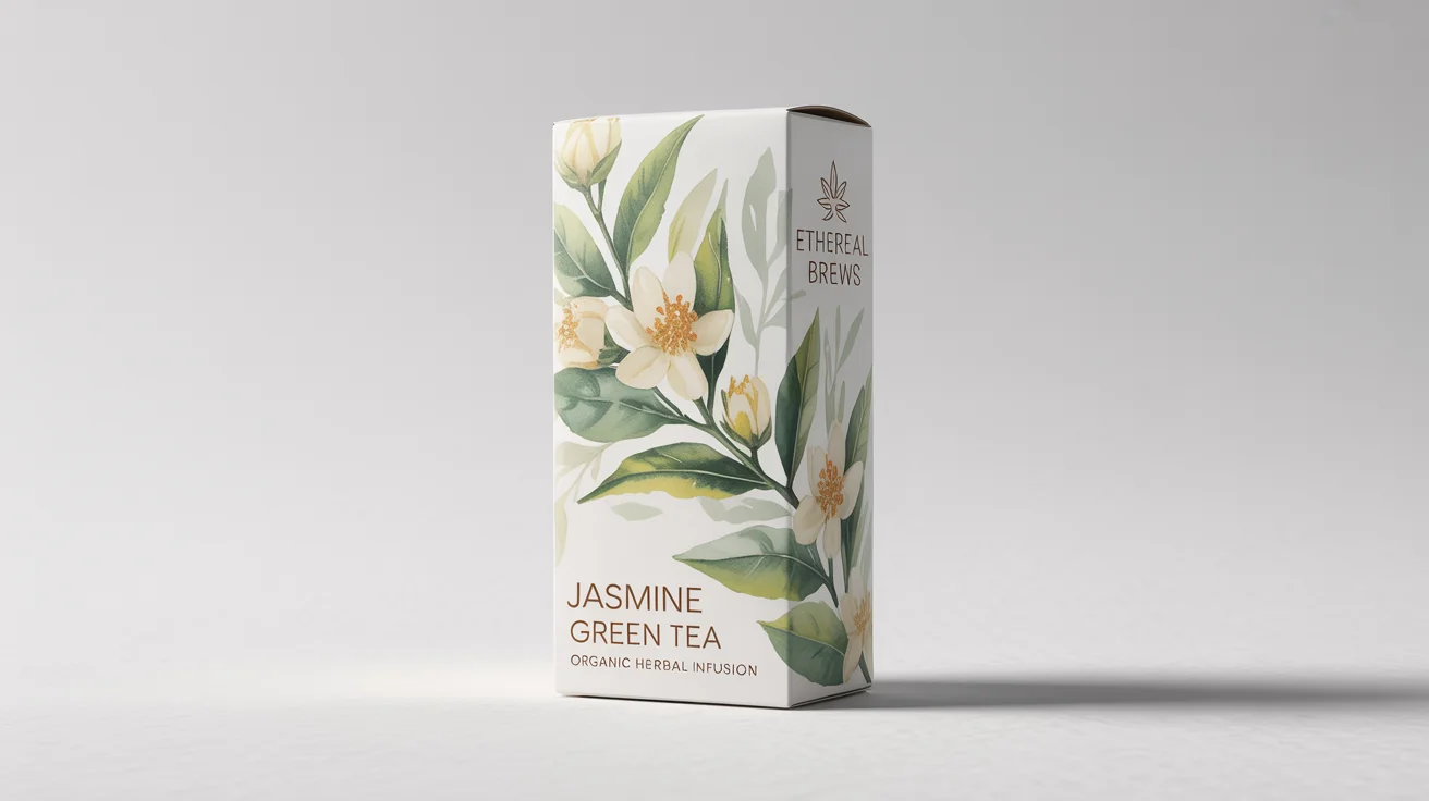 A mockup of a luxurious tea box for 'Ethereal Brews' Jasmine Green Tea, featuring a watercolor illustration of tea leaves and jasmine flowers on a clean white background.