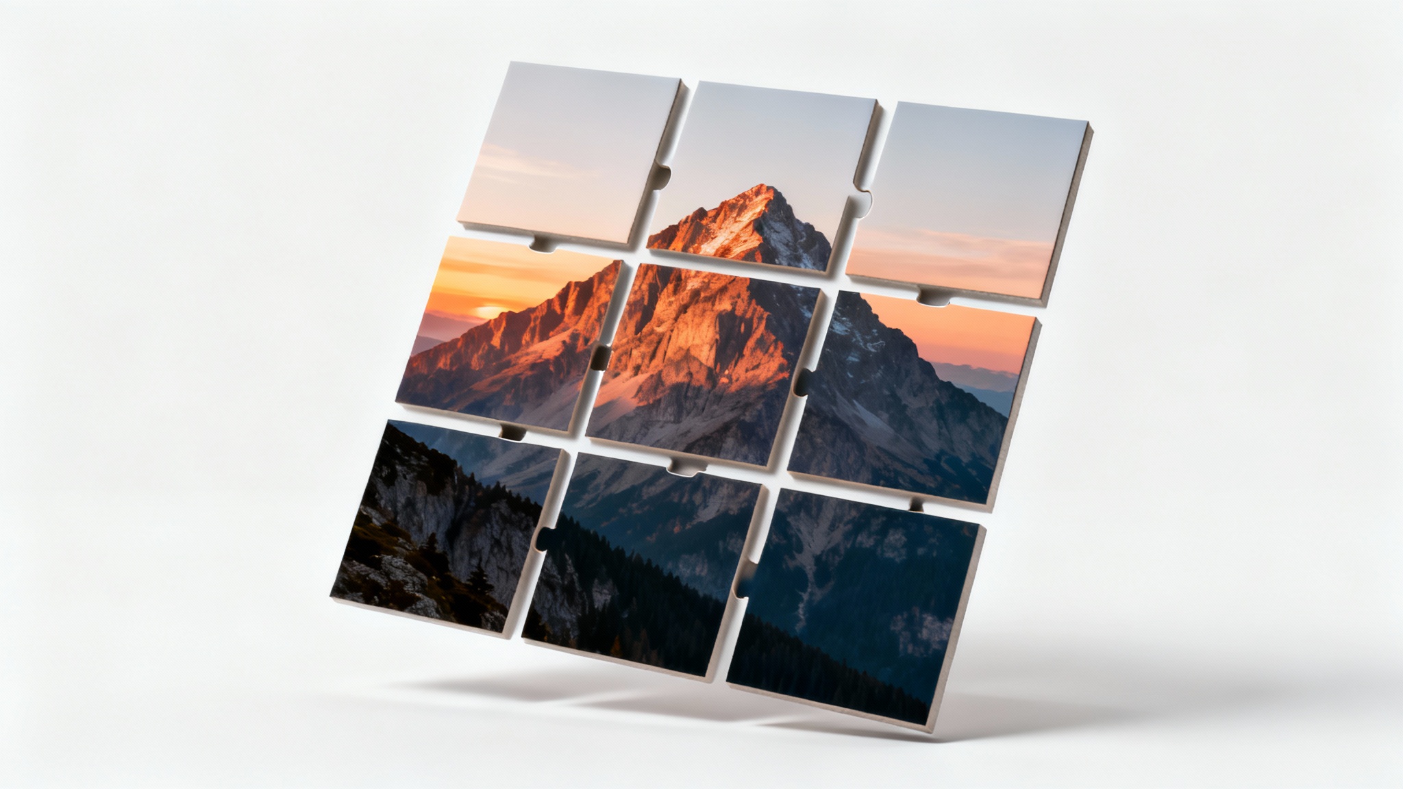 A photograph of a mountain landscape split into a grid of nine separate square tiles, demonstrating the effect of an image splitter tool.