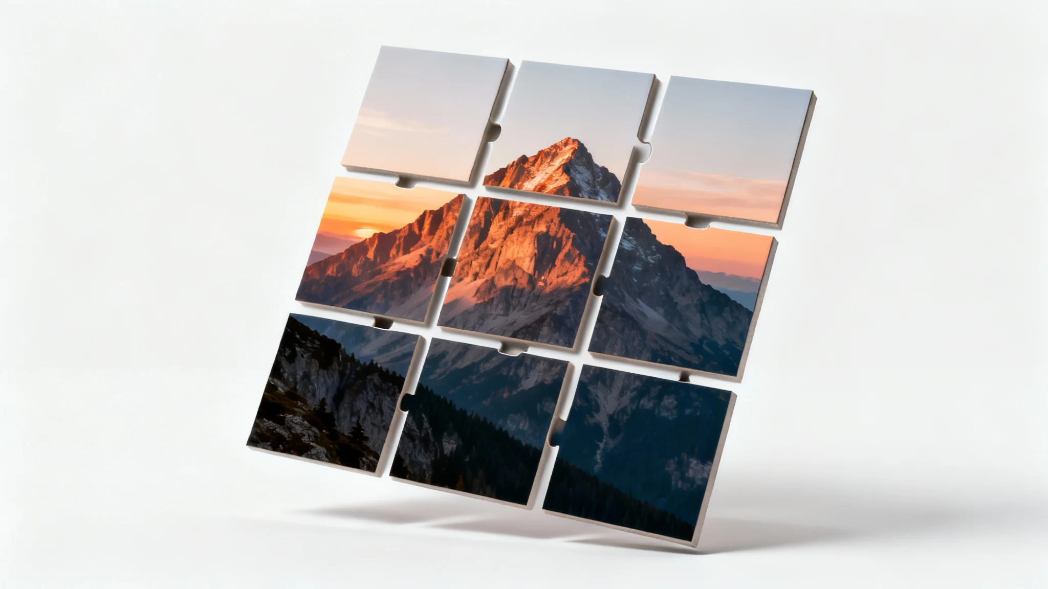 A photograph of a mountain landscape split into a grid of nine separate square tiles, demonstrating the effect of an image splitter tool.