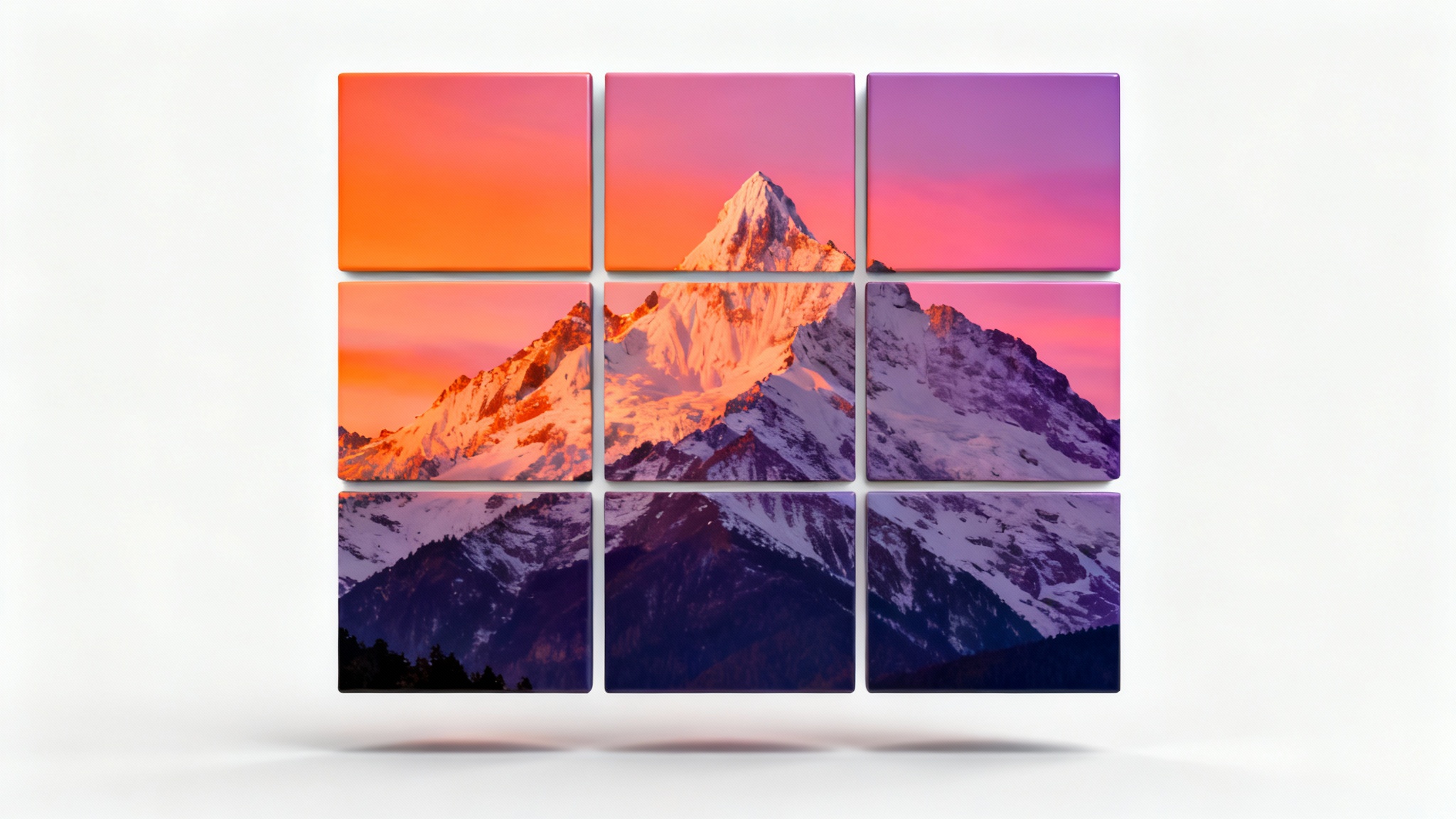 A beautiful landscape photo of a mountain at sunset being split into a grid of nine perfectly square tiles, floating against a clean white background to illustrate the concept of an image splitter.