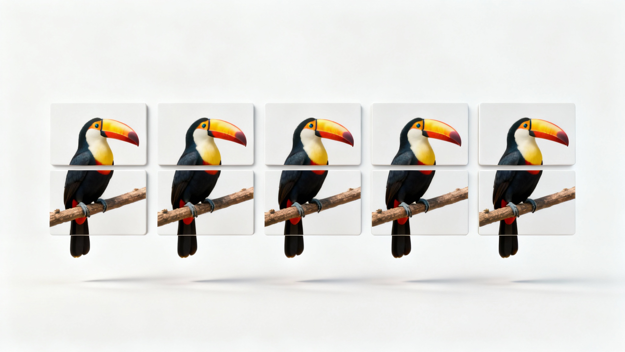 A photorealistic image of a colorful toucan on a branch, split into a perfect grid of six rectangular pieces, floating against a clean white background.