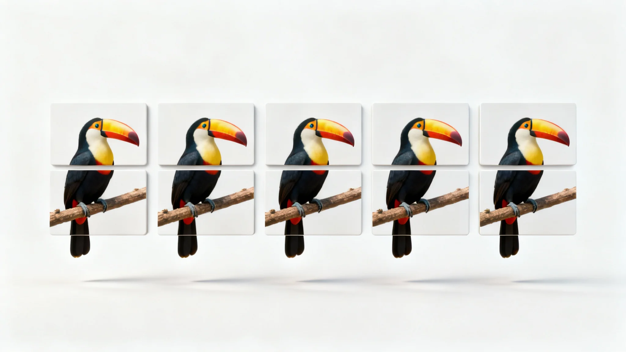 A photorealistic image of a colorful toucan on a branch, split into a perfect grid of six rectangular pieces, floating against a clean white background.