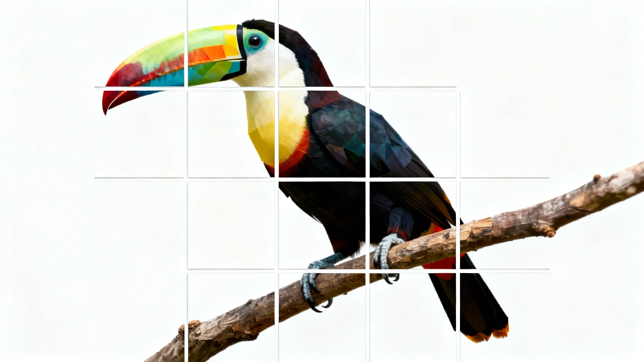 A photorealistic image of a colorful toucan on a branch, split into a grid of nine perfectly aligned square tiles with slight gaps in between, all on a plain white background.