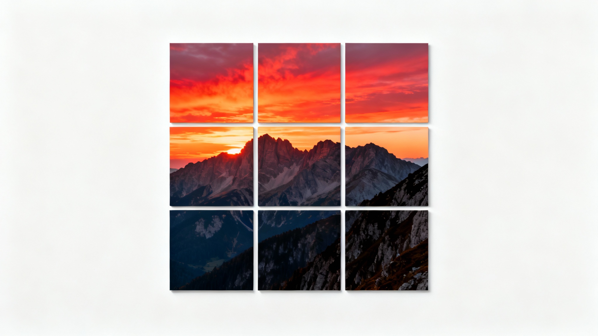 A single, beautiful photo of a mountain sunset is shown being split into a grid of nine smaller, square images against a white background, demonstrating an image splitter effect.