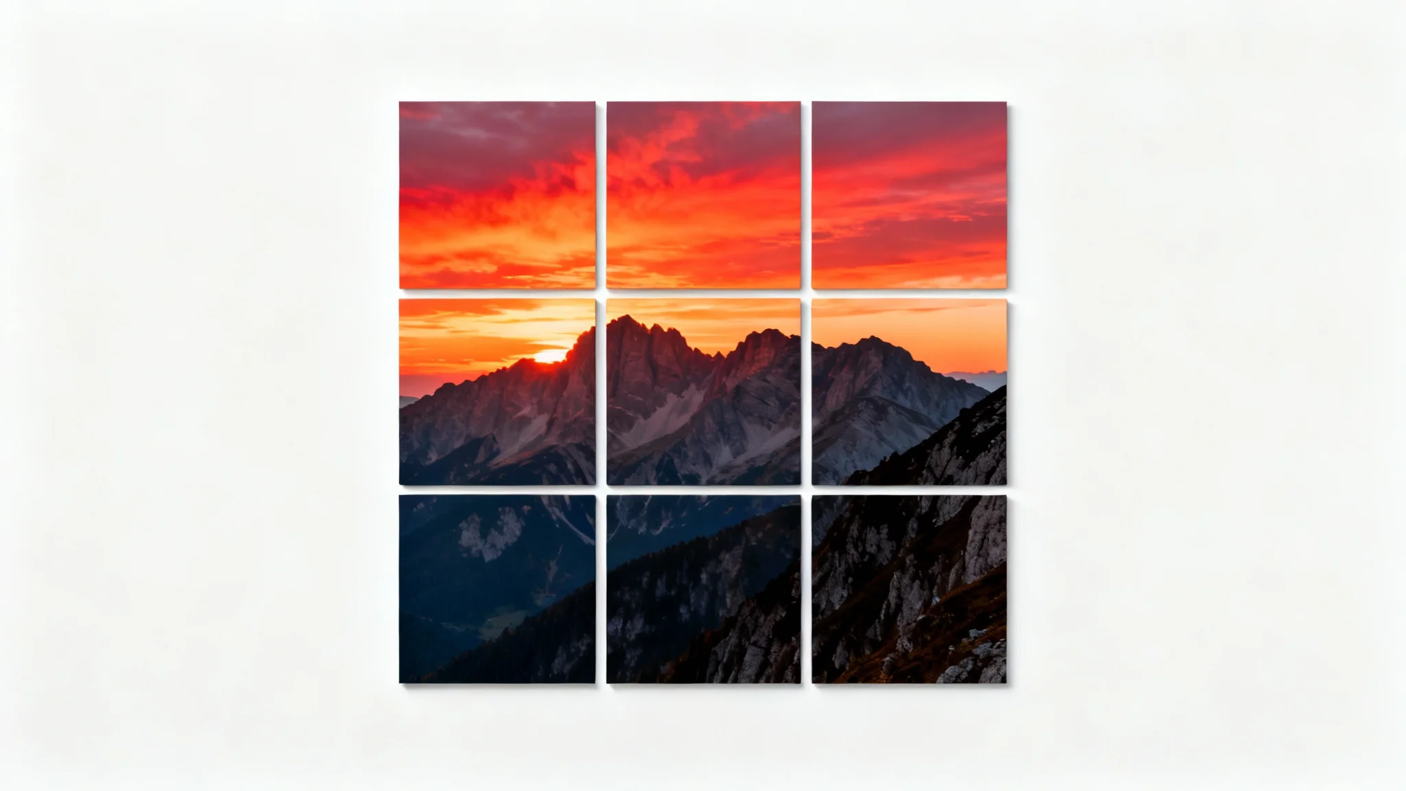 A single, beautiful photo of a mountain sunset is shown being split into a grid of nine smaller, square images against a white background, demonstrating an image splitter effect.