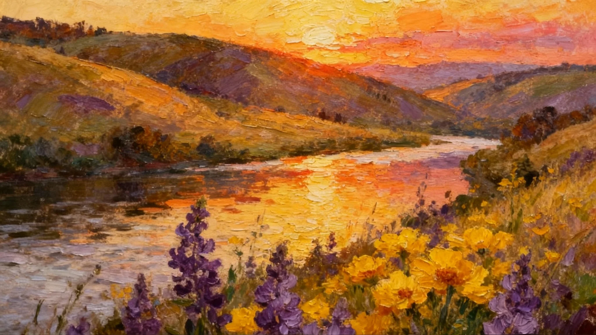 An eye-catching hero image showing a photograph of a sunset landscape transformed into a vibrant oil painting with thick, textured brushstrokes.