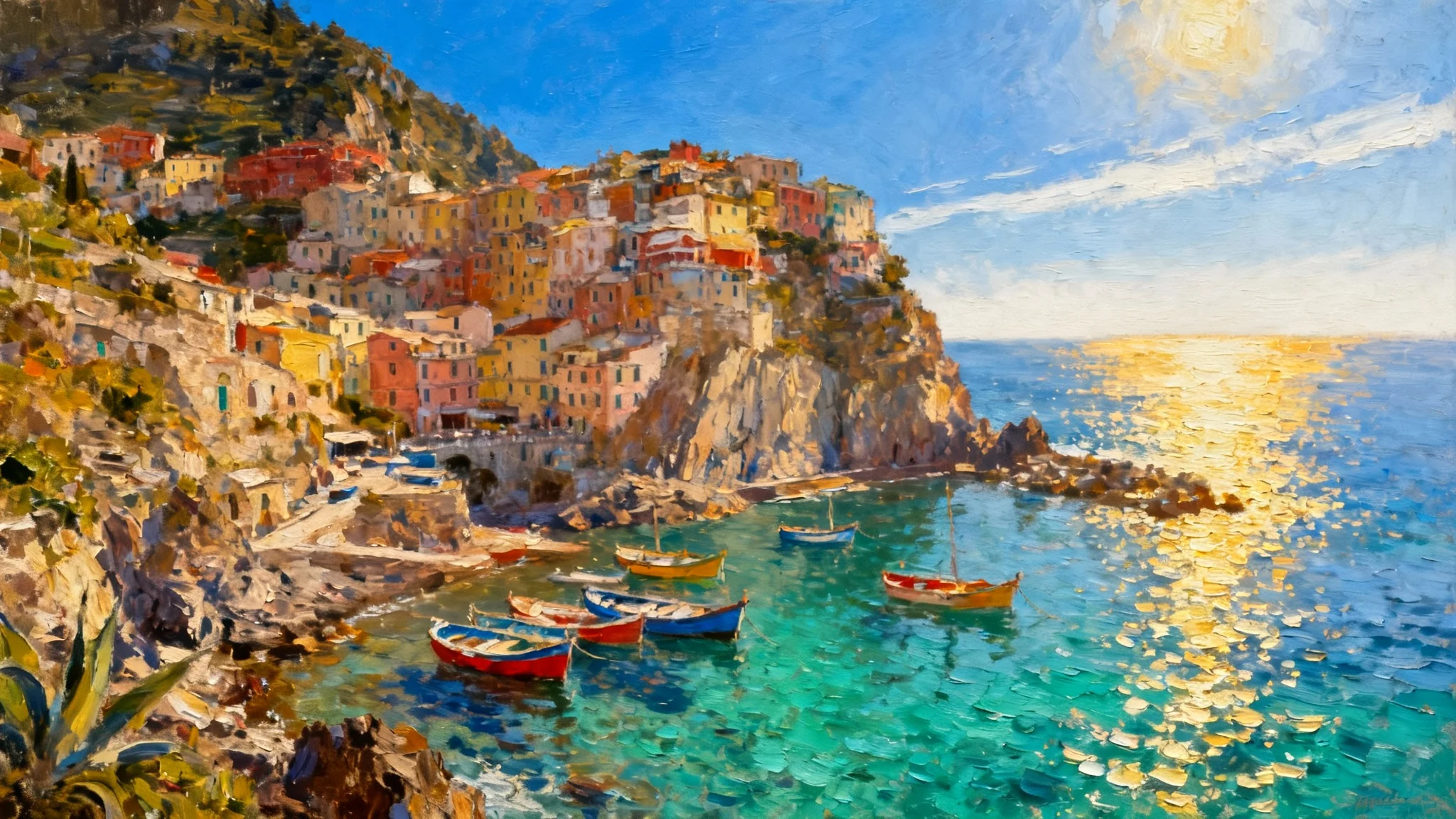 A vibrant oil painting of a Mediterranean coastal village, showcasing the textured brushstrokes and rich colors of the oil painting effect.