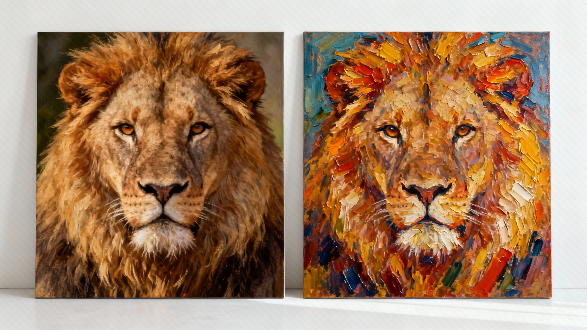 A mockup demonstrating an oil painting effect, showing an image of a lion's head that is half photorealistic and half a textured oil painting, on a white background.