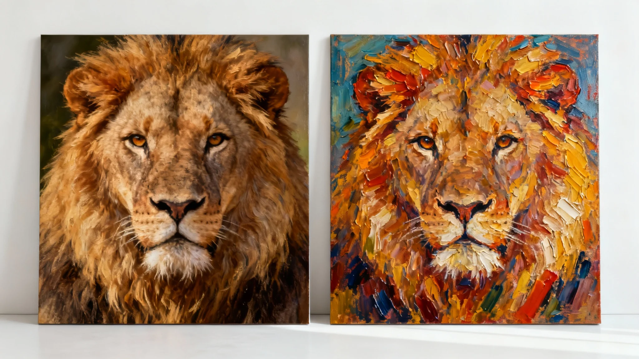A mockup demonstrating an oil painting effect, showing an image of a lion's head that is half photorealistic and half a textured oil painting, on a white background.