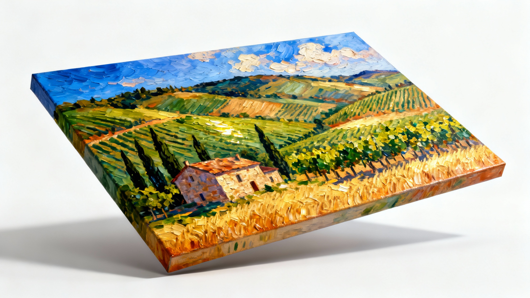 A close-up of a richly textured oil painting depicting a sunny Tuscan landscape, isolated on a stark white background to highlight the painting effect.
