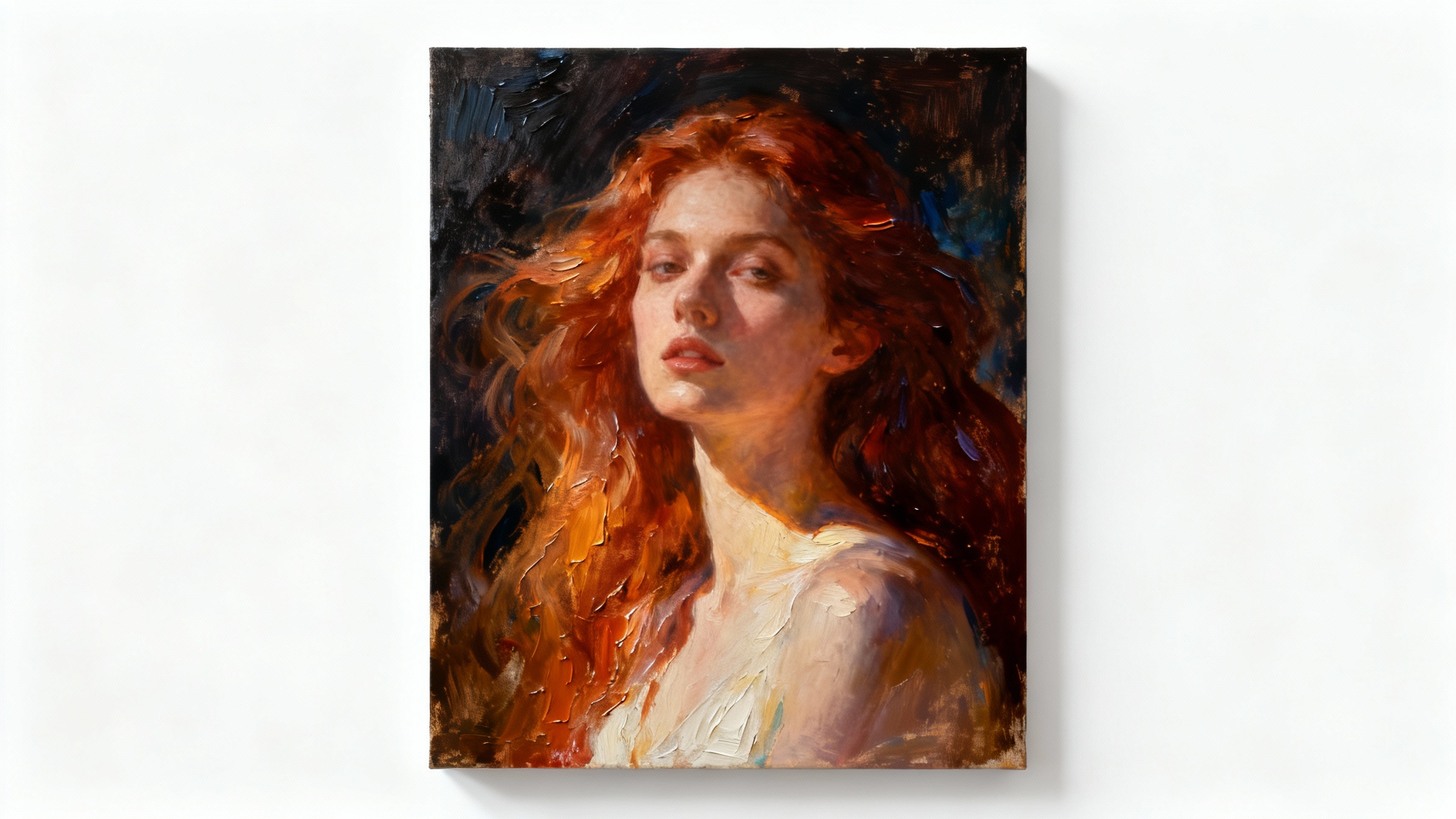 A striking portrait of a woman rendered in a classic oil painting style, showcasing thick brushstrokes and rich colors, set against a plain white background.