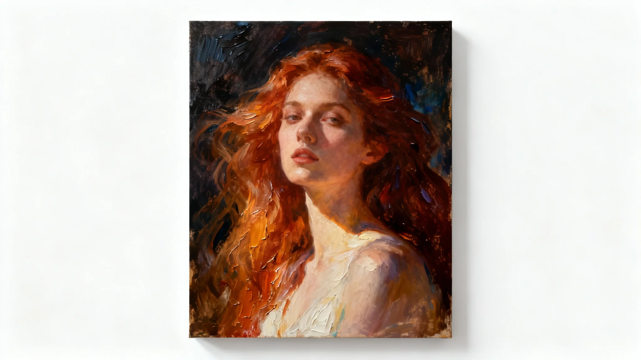A striking portrait of a woman rendered in a classic oil painting style, showcasing thick brushstrokes and rich colors, set against a plain white background.