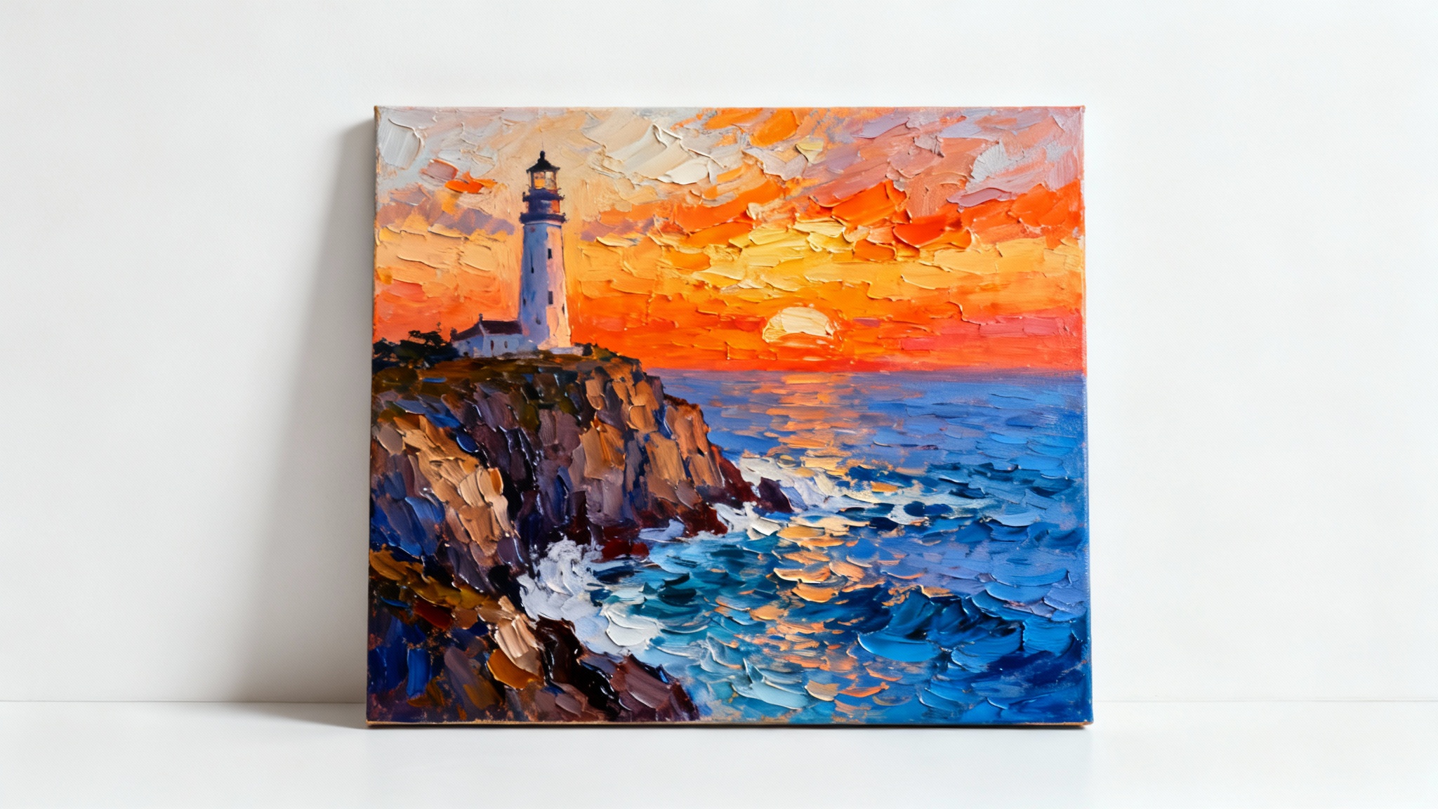 A mockup of an oil painting on canvas, showing a lighthouse at sunset with thick paint texture, leaning against a clean white background.