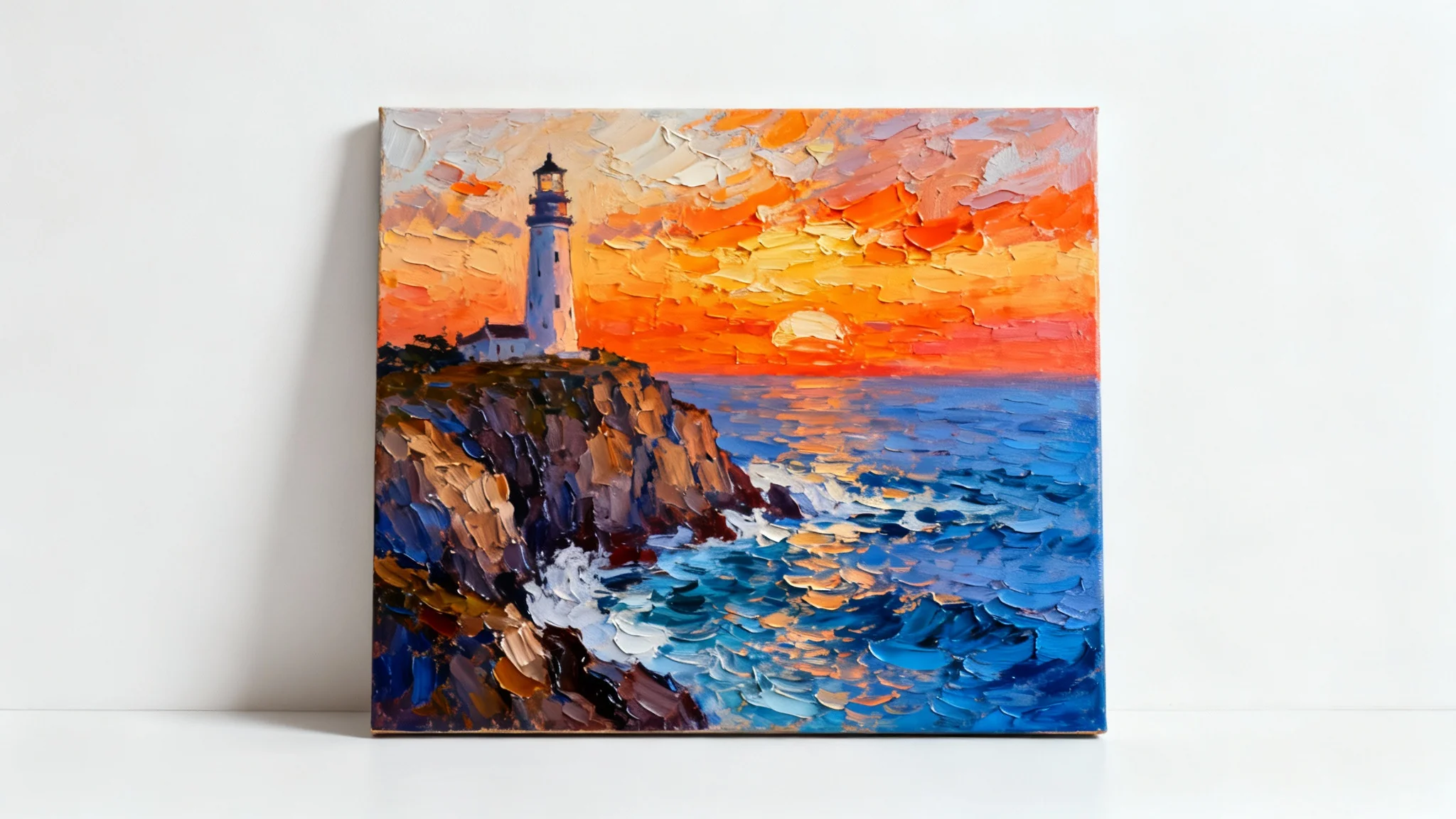 A mockup of an oil painting on canvas, showing a lighthouse at sunset with thick paint texture, leaning against a clean white background.