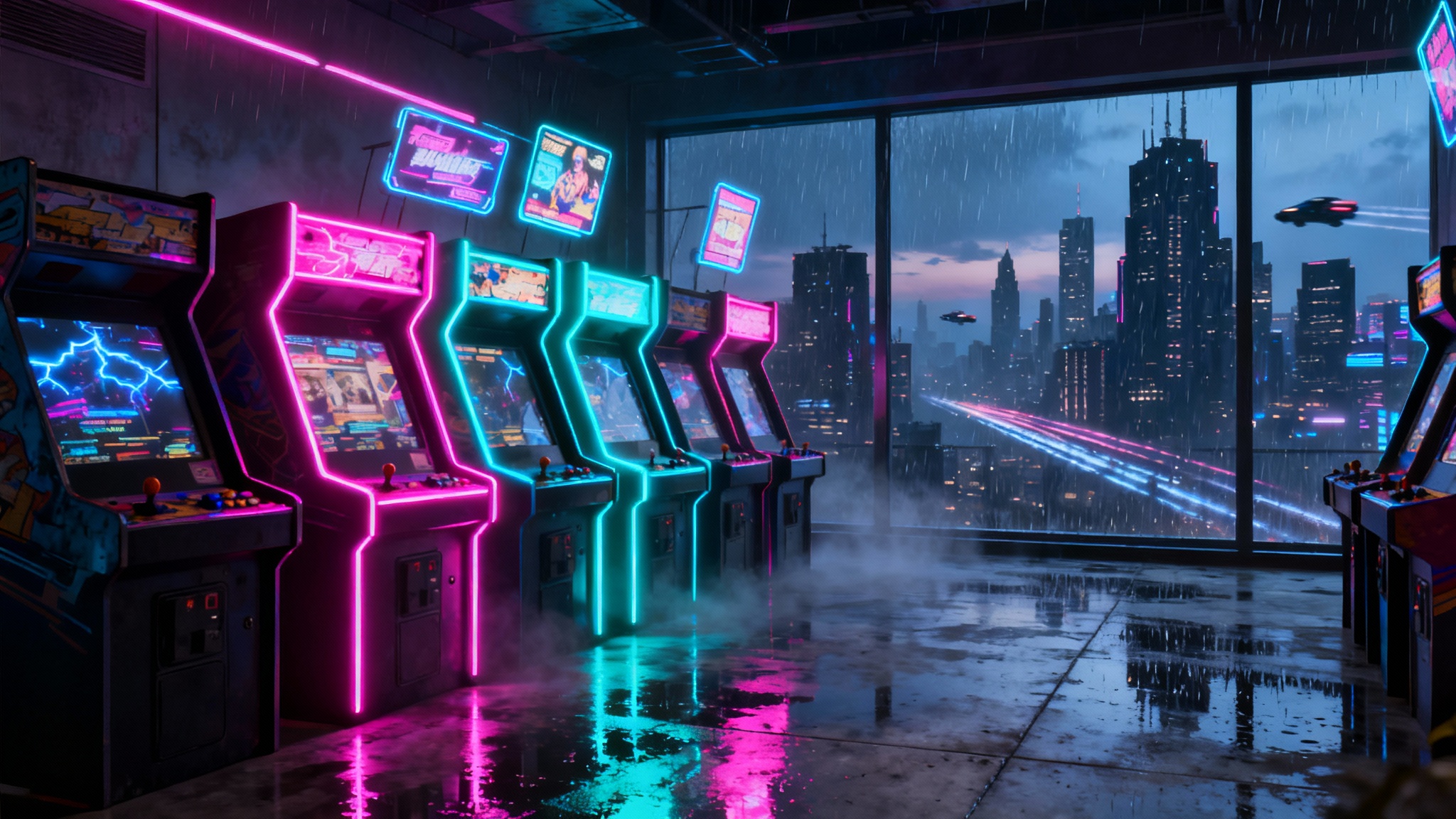 A wide-angle, cinematic view of a futuristic cyberpunk arcade at night. Rows of glowing arcade machines reflect on a wet floor, with vibrant pink and blue neon signs illuminating the hazy room. A massive window looks out onto a sprawling, rain-soaked cyberpunk city with towering skyscrapers.