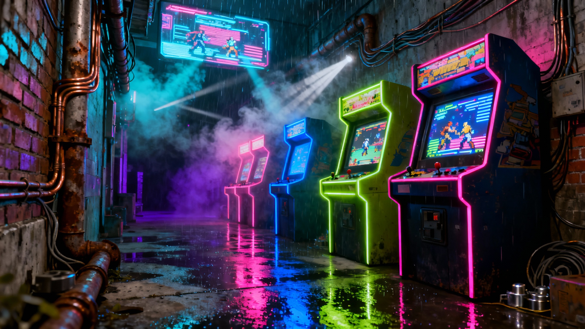 An atmospheric view down a row of glowing arcade machines in a futuristic, neon-lit cyberpunk arcade, with hazy air and reflections on the wet floor.