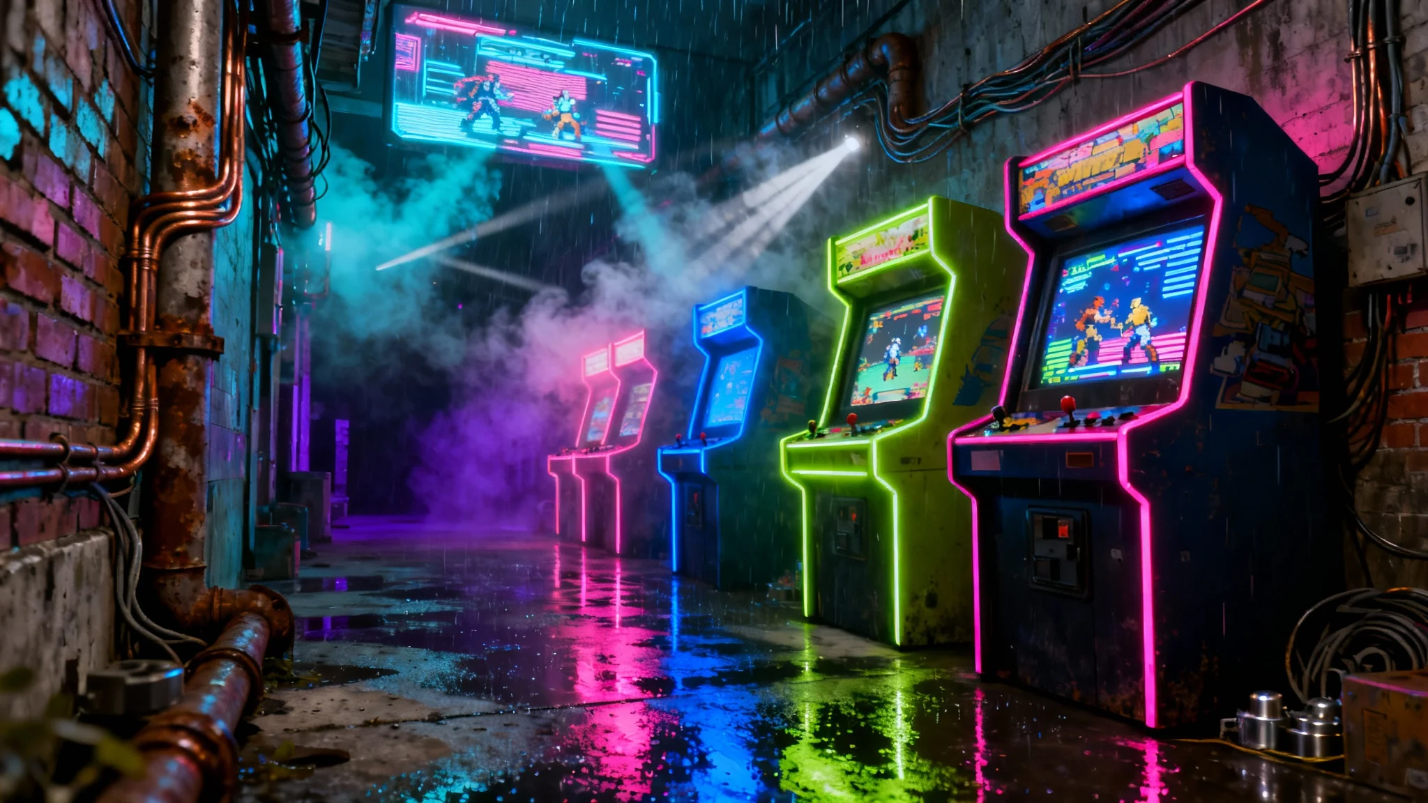 An atmospheric view down a row of glowing arcade machines in a futuristic, neon-lit cyberpunk arcade, with hazy air and reflections on the wet floor.