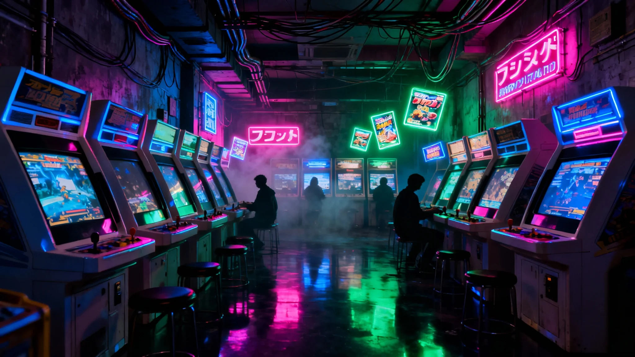 A wide-angle view of a dark, futuristic cyberpunk arcade filled with glowing neon lights and advanced arcade machines, creating a moody and immersive atmosphere.