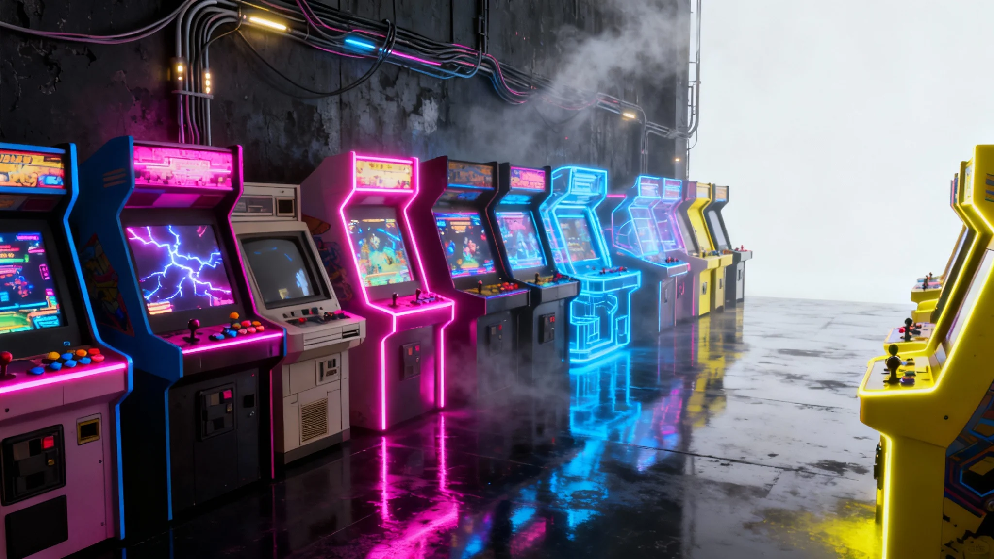 A photorealistic mockup of a cyberpunk arcade background, featuring rows of glowing neon arcade machines on a reflective floor, isolated against a plain white background.