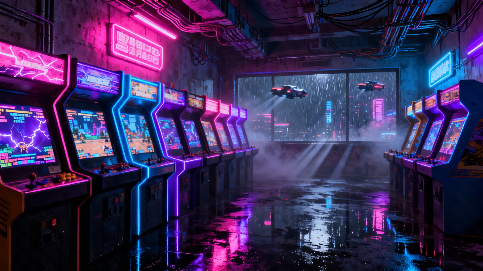 A wide-angle view of a futuristic cyberpunk arcade, filled with rows of glowing arcade machines that cast vibrant neon light on a wet, reflective floor.