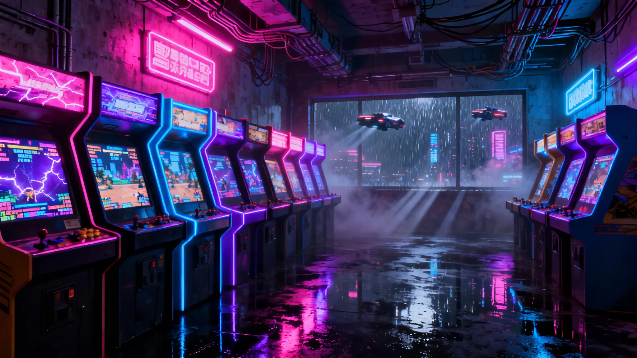 A wide-angle view of a futuristic cyberpunk arcade, filled with rows of glowing arcade machines that cast vibrant neon light on a wet, reflective floor.