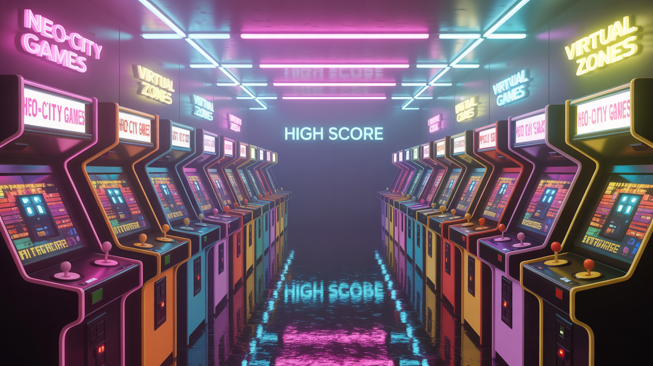 A photorealistic mockup of a cyberpunk arcade interior, featuring glowing arcade machines and bright neon signs with fictional names, isolated against a plain white background.