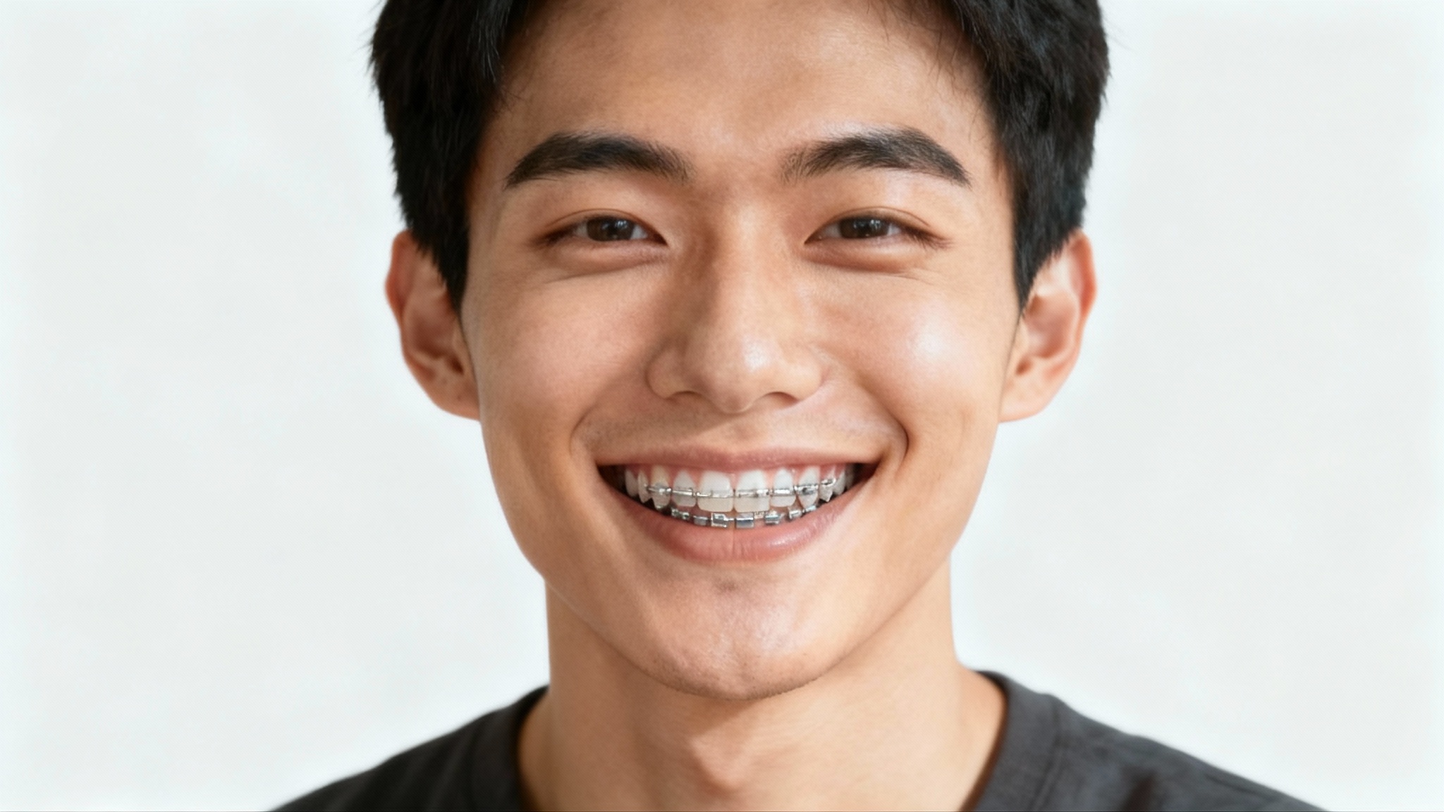 A close-up, high-quality photograph of a person's beautiful smile, showing perfectly aligned teeth with realistic silver metal braces, representing the final result from a photo editing tool.