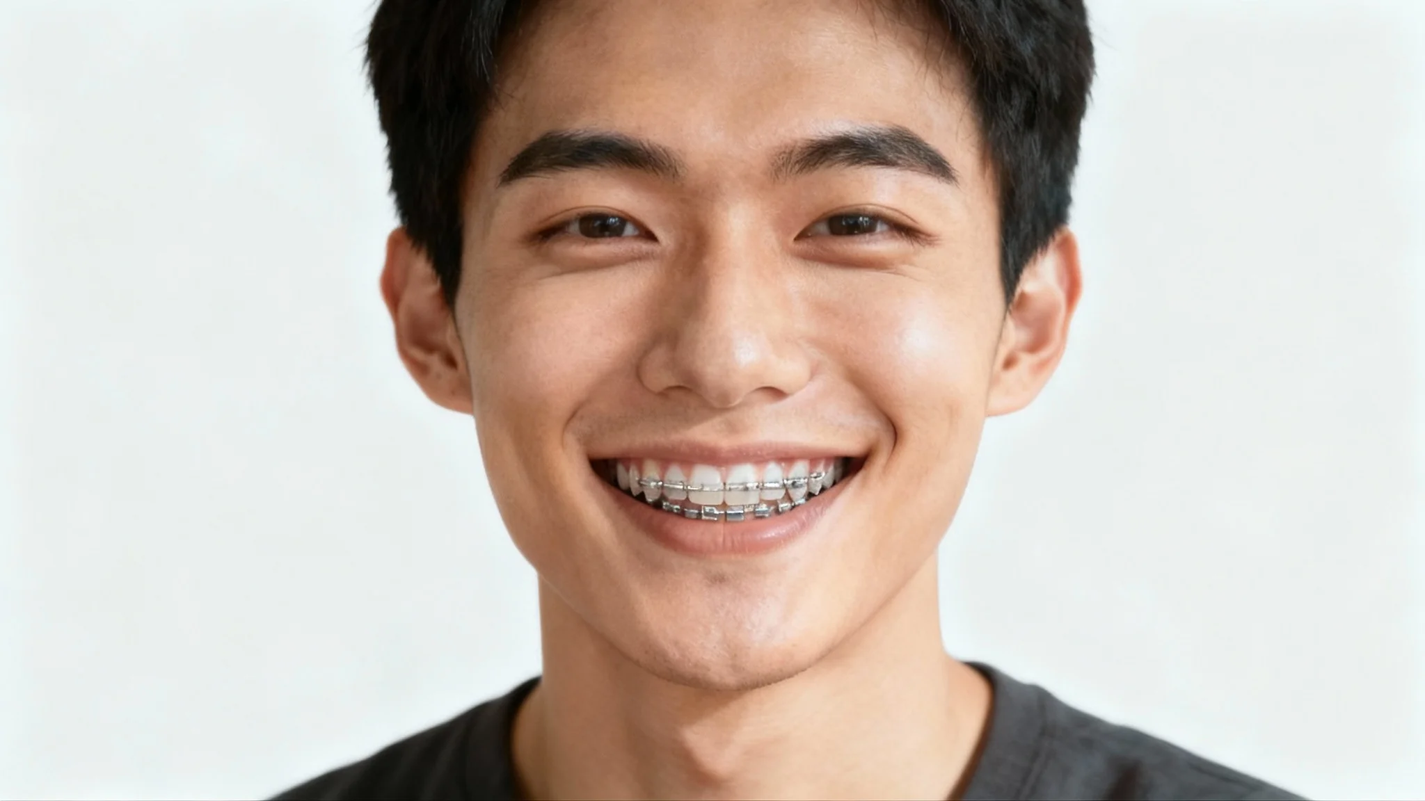 A close-up, high-quality photograph of a person's beautiful smile, showing perfectly aligned teeth with realistic silver metal braces, representing the final result from a photo editing tool.