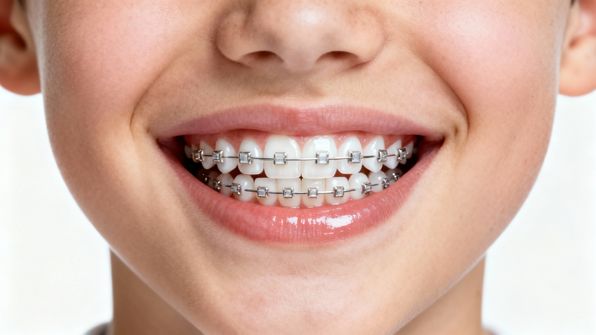 A high-definition close-up of a person's perfect smile, revealing clean, modern ceramic braces on straight white teeth, set against a plain white background.