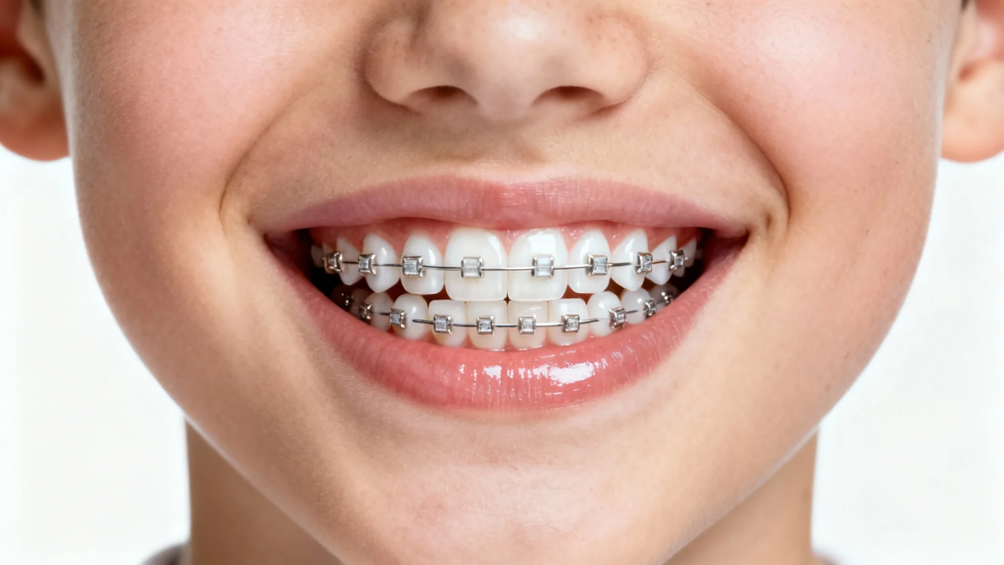 A high-definition close-up of a person's perfect smile, revealing clean, modern ceramic braces on straight white teeth, set against a plain white background.
