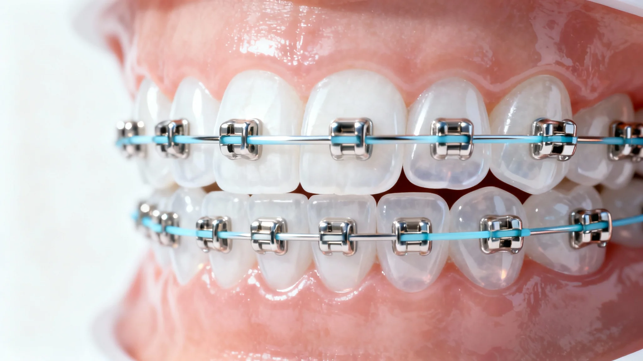A detailed close-up of a person's smile, showing perfectly straight teeth with clean, modern metal braces, set against a plain white background.