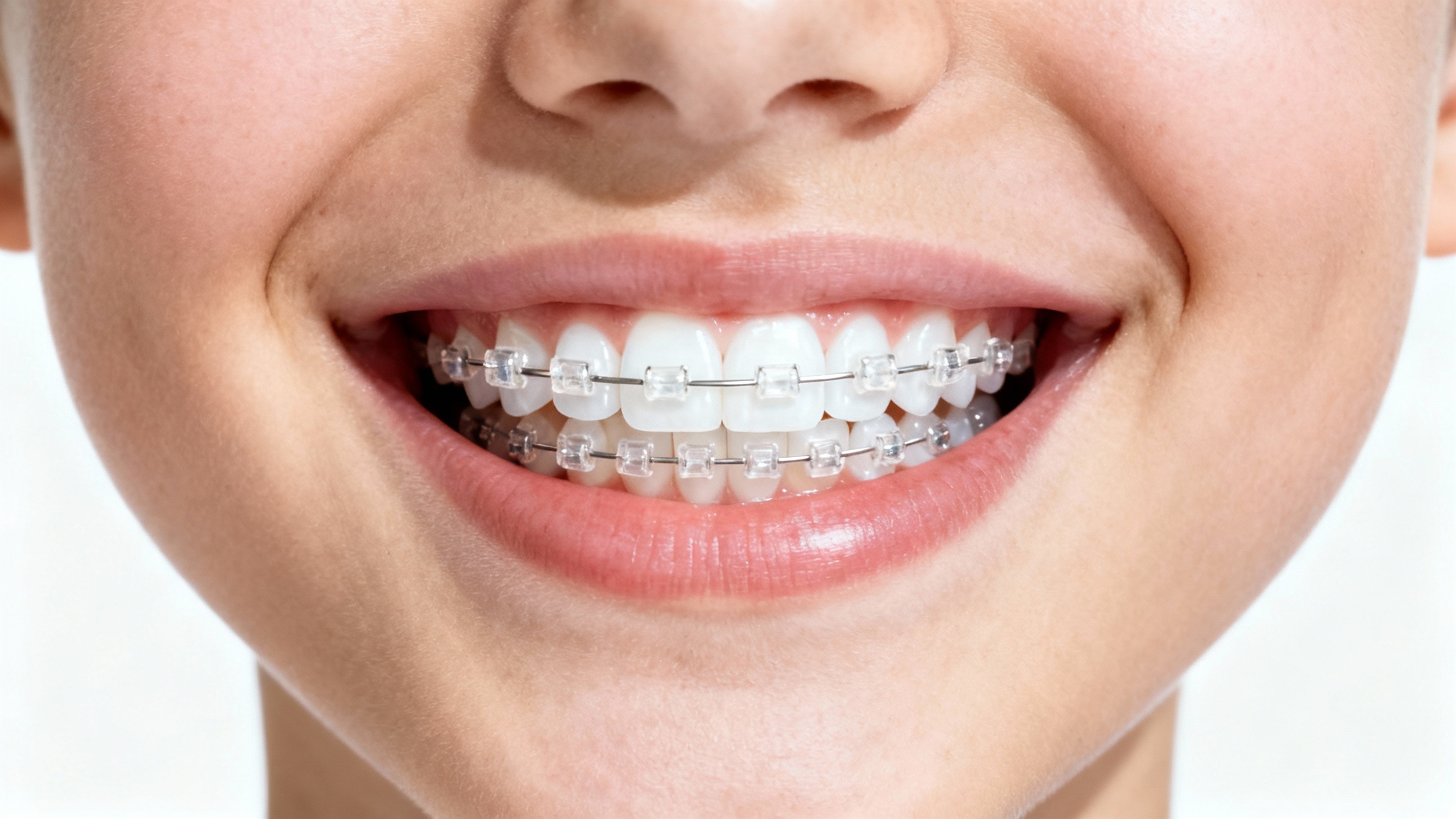 A close-up of a bright, confident smile with clean, modern ceramic braces on perfectly aligned white teeth, set against a white background.
