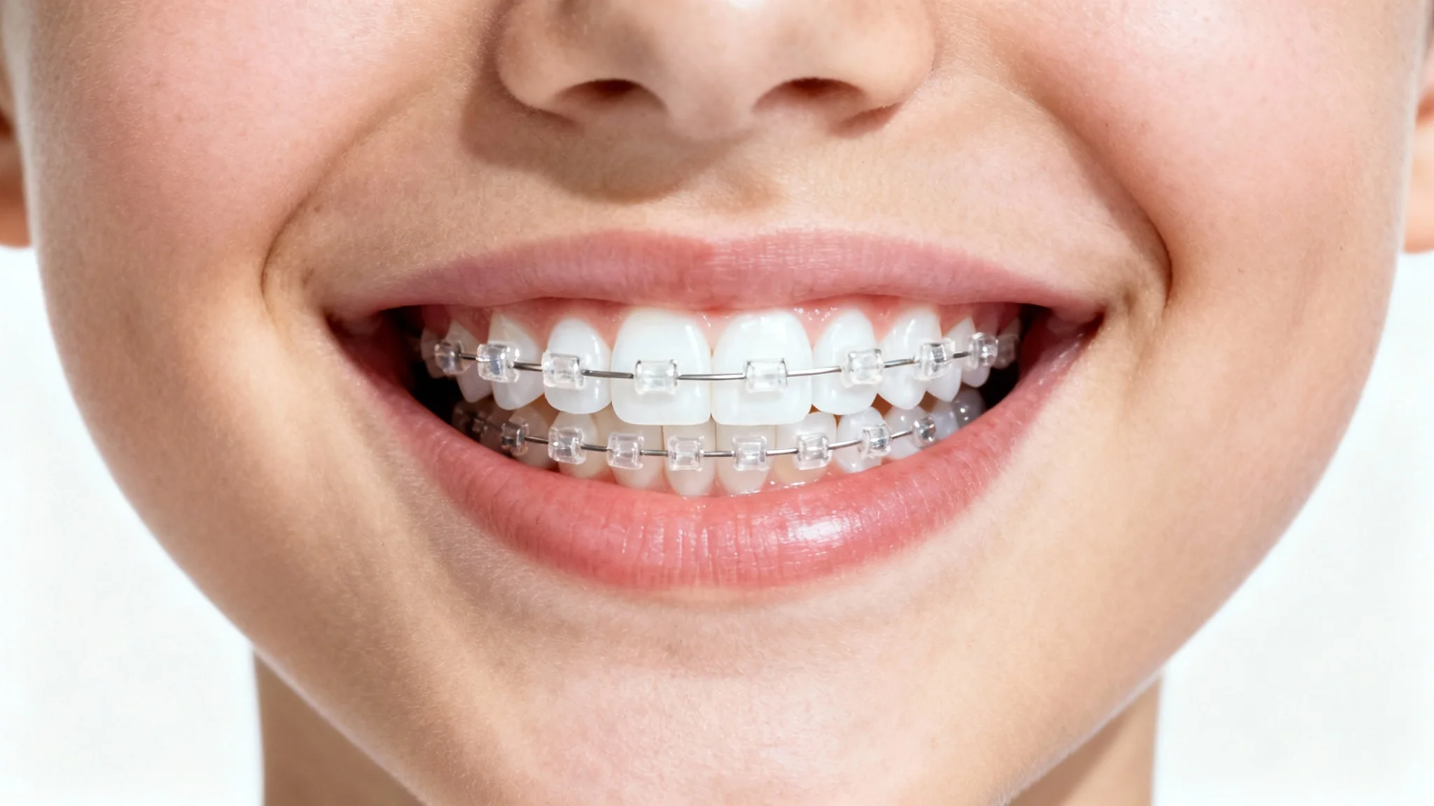 A close-up of a bright, confident smile with clean, modern ceramic braces on perfectly aligned white teeth, set against a white background.