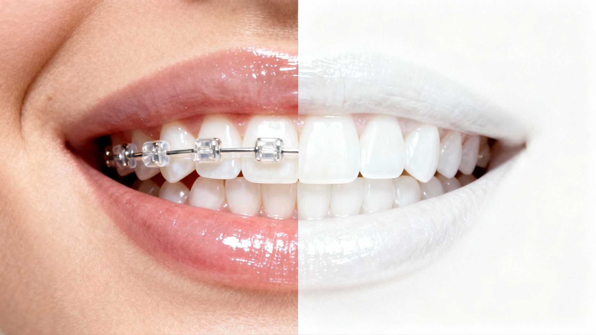 A close-up split image showcasing the effect of modern braces. The left side features a smile with clear ceramic braces, and the right side shows the same smile with perfectly straight, white teeth after treatment.